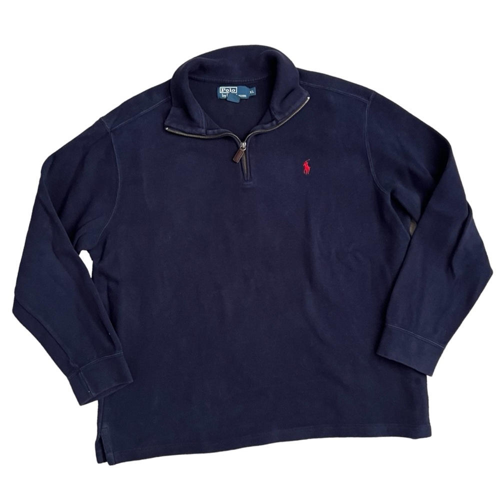 Vintage 1990s Polo by Ralph Lauren Classic 1/4 Zip  Cotton Knit Navy Blue Shirt